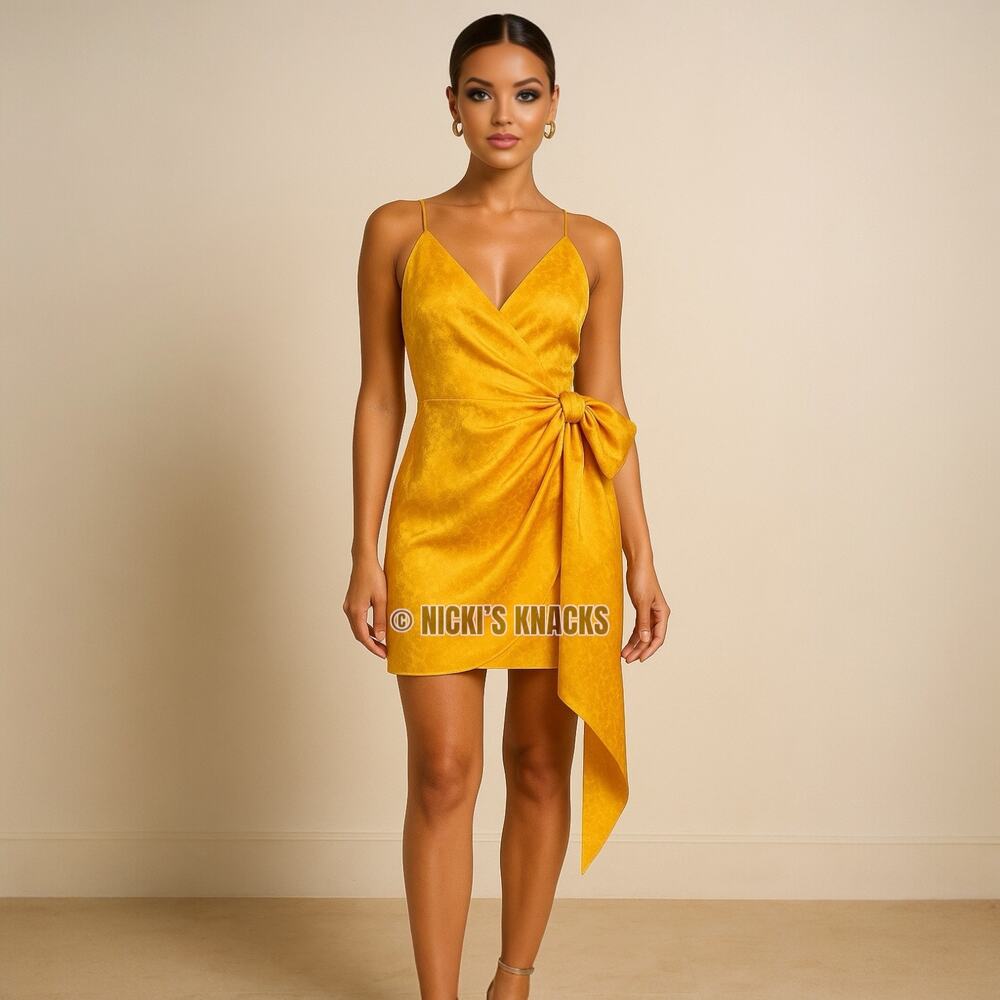 The Andamane Yellow Gold Jacquard Wrap Mini Dress Floral Bow Italy Formal Size S